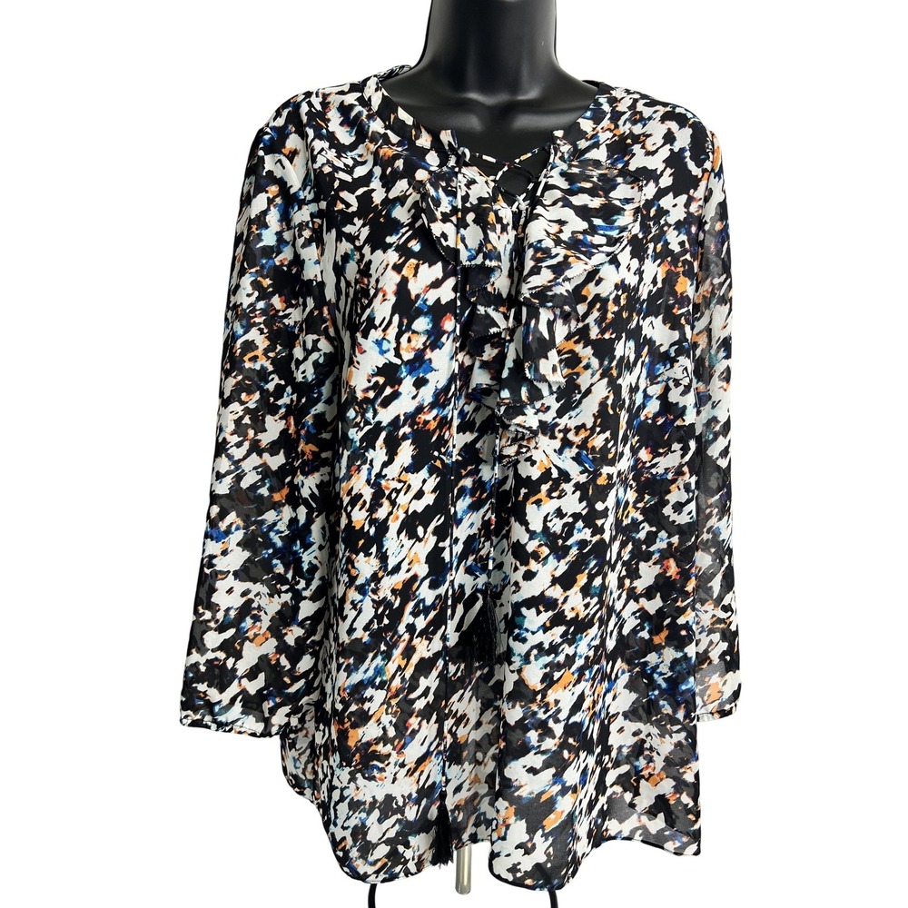 Laundry by Shelli Segal Shirt Womens 14 Black Abstract Lace Up Ruffle Print